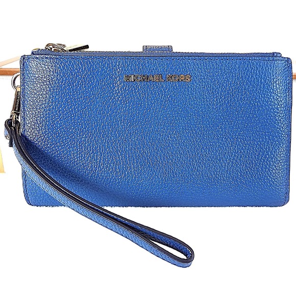 Michael Kors Jet Set Travel Double Zip Blue Leather Wristlet Wallet Clutch - Picture 1 of 8